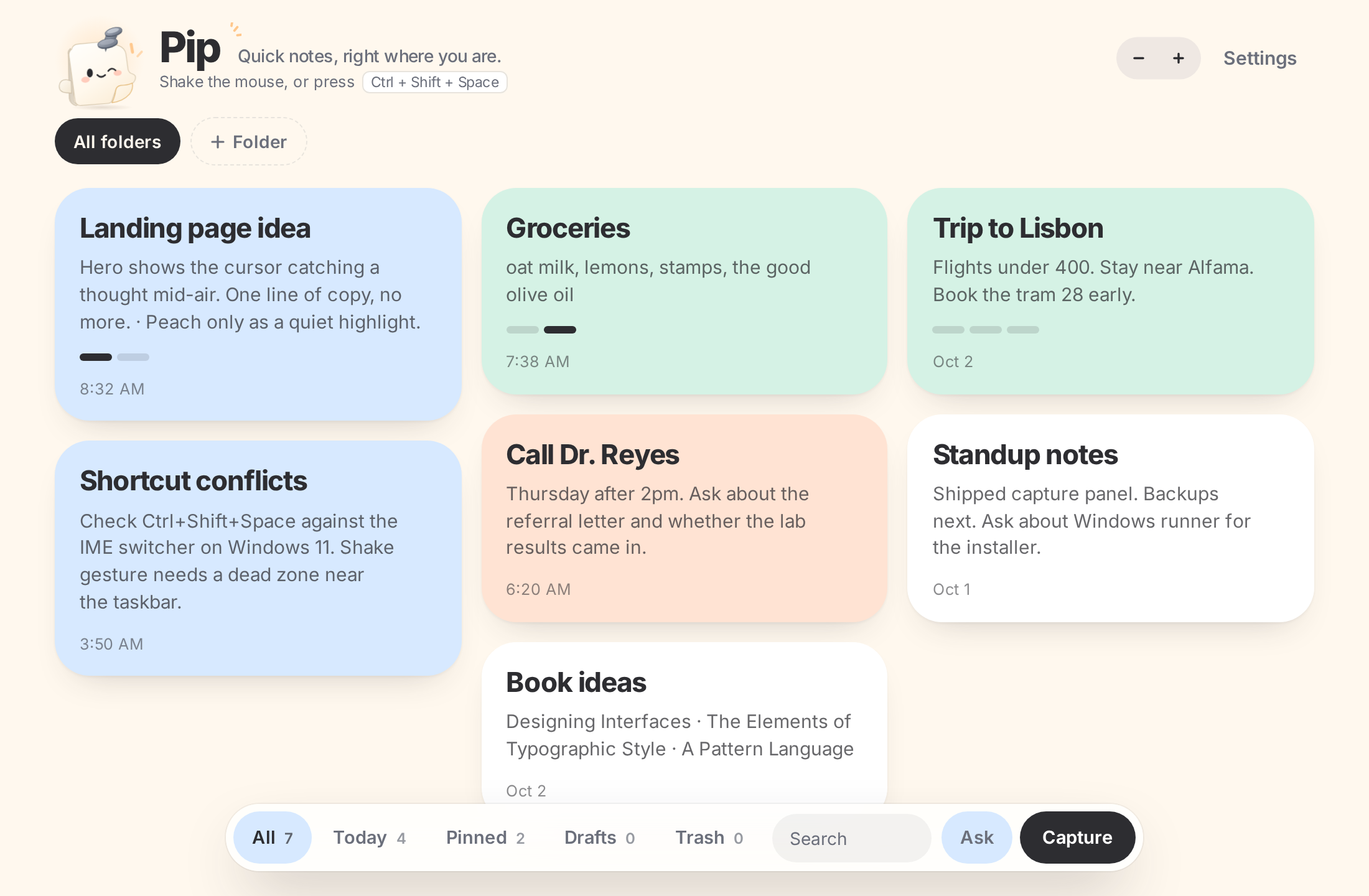 Pip's note board: colored note cards for ideas, groceries, a trip and a call, with a Capture button at the bottom.